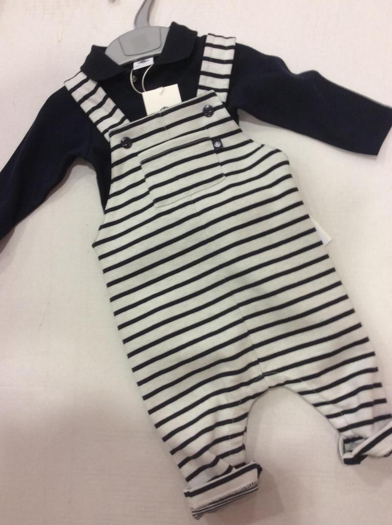 Salopette rayée et body col polo du 6 au 18 mois. Petit Bateau